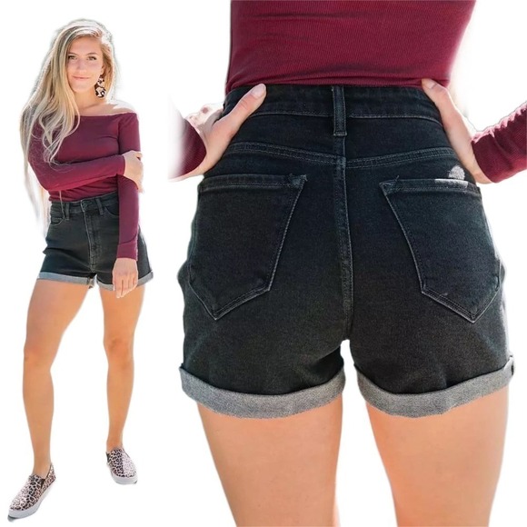 KanCan Pants - KanCan Signature High Waisted Mom Cuffed Shorts in Erin Washed Black Denim Sz 27